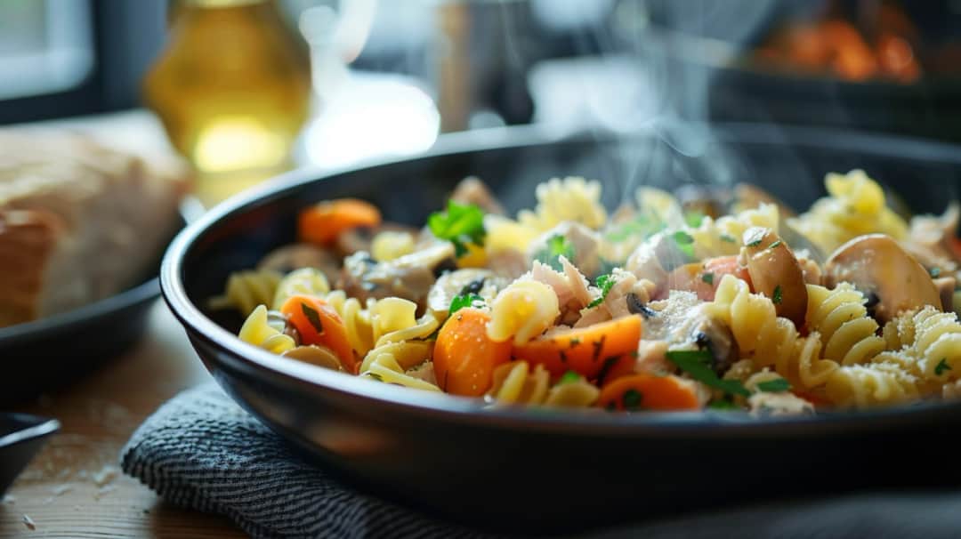 Makaron z sosem grzybowym: Obiad z kurczakiem - Sycące danie